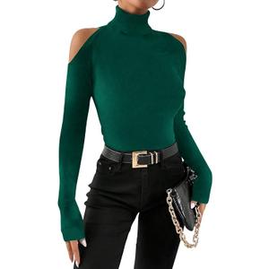RoseSeek Women's Turtleneck Cut Out Cold Shoulder Tops Tee Long Sleeve Slim Fit Casual Basic T Shirt Dark Deep Green X-Small
