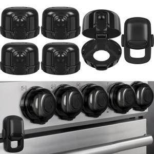 Stove Knob Safety Covers for Child (5 + 1 Pack), Upgraded Universal Size Press Gas Stove Knob Covers with Adhesive, Heat-Resistant Childproof Oven Locks for Kids and Pets (Black)