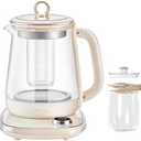 Bear HK-5L15B05 Electric Kettle, 1.5L Health Pot with Small Bubble Technology, Stainless Steel & Glass Kettle, 6 Programs, 1000W, Cream White
