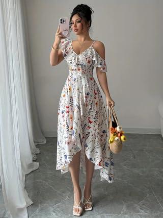Women's Print Dress Ruffle Bodycon Deep V Neck Off-The-Shoulder Slit Dress 2025 Summer Casual Club Party Daily White Small