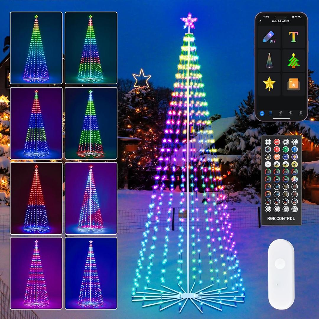 HOLILLUMA 10FT Outdoor Christmas Tree, RGB Color Changing Pre-lit Smart Cone Christmas Tree with LED Lights, App&Remote Control, DIY Multi-Color Lightshow, Music Sync, Christmas New Year Decoration