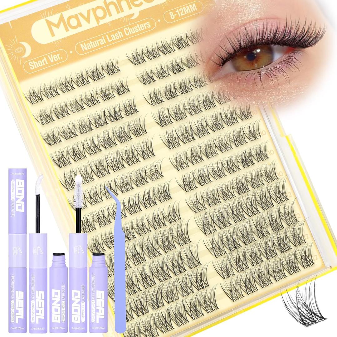 Natural Lash Clusters Kit 8-12MM Short Cluster Eyelash Extensions Kit Clear Band Cluster Lashes Wispy Eyelash Clusters CC-Curly Fluffy Individual Lashes with Lash Bond and Seal for Easy Application