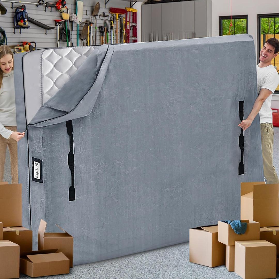 Mattress Bags for Moving and Storage, BETU Queen Mattress Protector Waterproof Mattress Cover with 8 Heavy Duty Handles and Zipper Extra Thick Moving Supplies for Bed Reusable (82x62x13.5 Grey) (Gray)