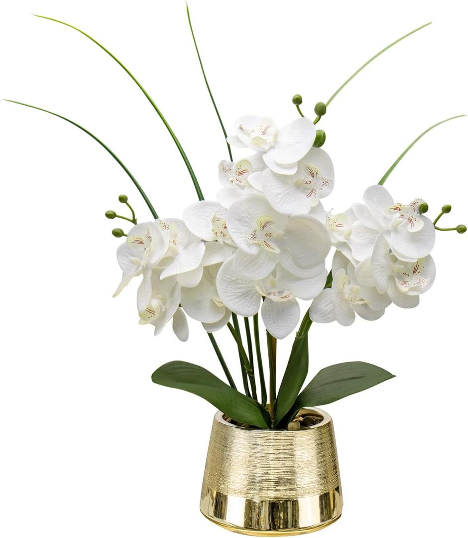 Oairse Artificial White Phalaenopsis Orchid Flower Arrangements Faux Orchid Flower in Gold Pot Orchid Centerpiece for Dining Room Table