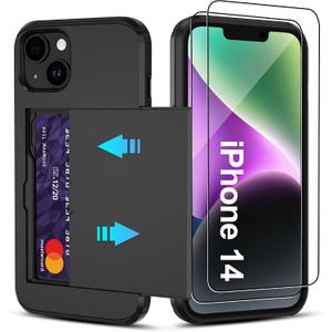 Pilaru for iPhone 14 Case with Card Holder2 Pcs HD Screen Protector i Phone 14 Case Slim Heavy Duty Dual Layer Shockproof DesignHidden Card Slot Wallet Case for iPhone 14 Phone Case -Black