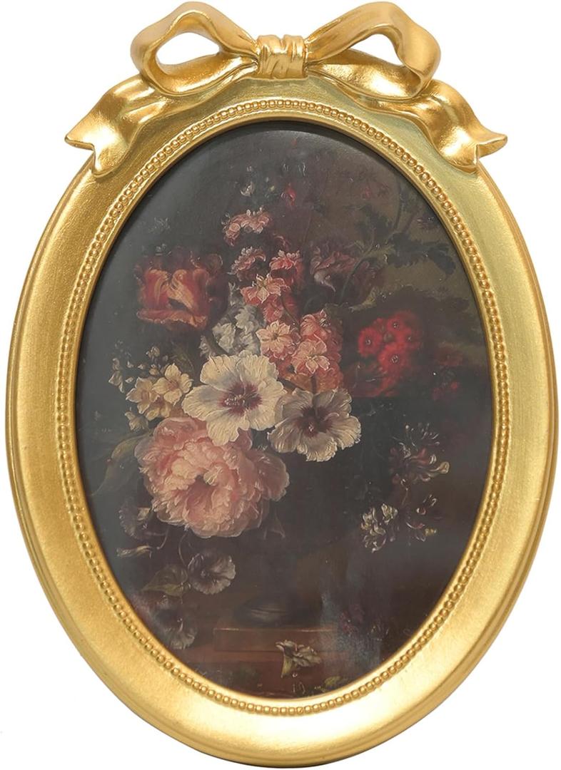 5x7 Vintage Picture Frame, Oval Bow Antique Photo Frame with Glass Front, Fancy Ornate Small Gold Frame 5x7,Luxury Tabletop & Wall Hanging, Antique Wall Decor(Golden)