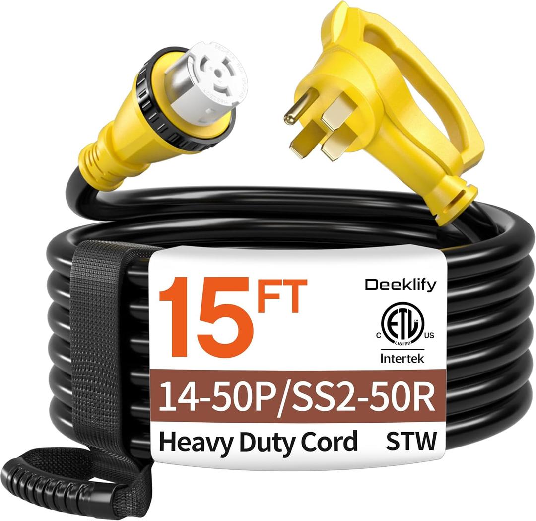 15FT 50 Amp Generator Cord, NEMA 14-50P/SS2-50R Heavy-Duty 4 Conductors Cable, Pure Copper STW RV Extension Cord, Female Plug with Twist Lock, Suitable for RV or Camper, ETL Listed