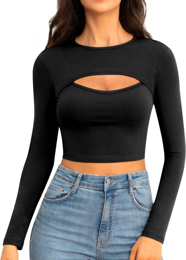 CLOZOZ Cut Out Tops for Women Sexy Crewneck Crop Top Slim Fitted T-Shirts Going Out Tops (Large, 01 Black)
