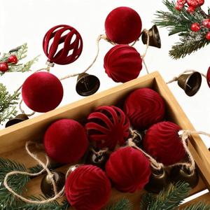 7.7ft Christmas Red Velvet Ball Ornaments with Bell Garland for Tree Hanging, Velvet Xmas Tree Decorative Hanging Ornaments with Bronze Bell for Home Decor