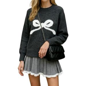 Cute Bow Sweaters for Women Long Sleeve Cozy Pullover Fall Winter Y2K Tops Aesthetic Clothes Outfits (Black, M)