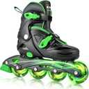2PM SPORTS Inline Skates for Kids Girls Boys Ages 4-8 6-12 with Light Up Wheels, Adjustable Kids Roller Skates Blades for Youths Beginners (Black & Green), L 37-40