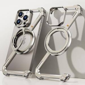 Z Case for iPhone 15 Promax Frameless, with Magsafe Kickstand Minimalist Rimless Metal Slim Hard Ultra Thin for iPhone 15 Pro Max Bumper Case with Ring Holder Magnetic Stand for Men, Natural