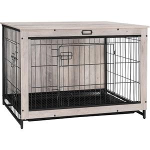HOOBRO Dog Crate Furniture, 38.6" Large Dog Kennel Indoor, Wooden Cage with Pull-Out Tray, Double Doors Pet House Side End Table for Large/Medium/Small Dogs, Greige BG982GW03