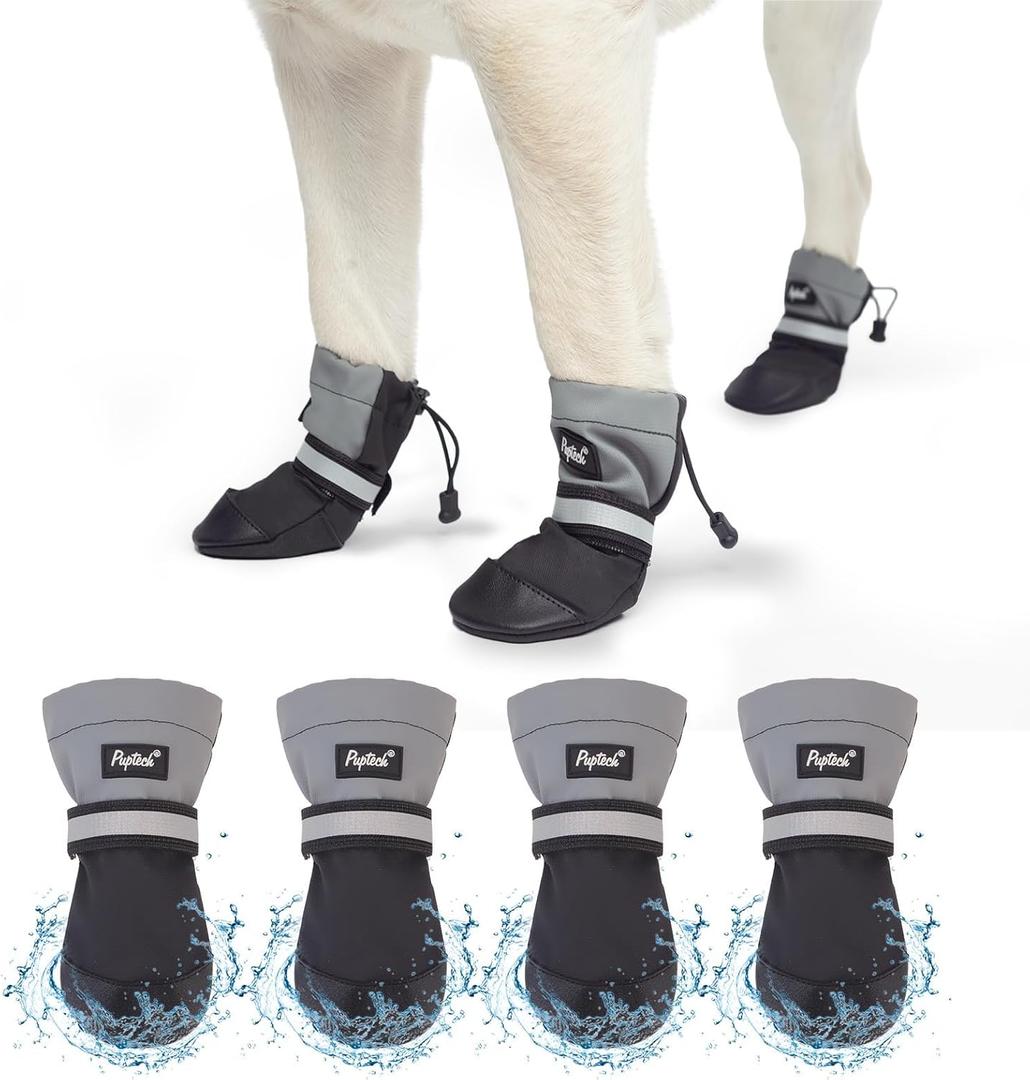 PUPTECK Waterproof Dog Shoes for Medium Large Size Dogs, Rain Booties Hiking Boots & Paw Protectors for Winter Snow, Non Slip Outdoor Shoes for Summer Hot Pavement (Black&Grey), L