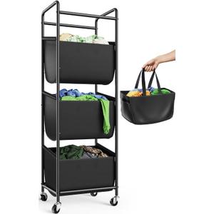3 Section Laundry Sorter with Removable Bags, 120L Rolling Vertical Laundry Hamper, Stackable Laundry Baskets organizer for Bathroom, Apartment, Dorm (Black, With Wheel)