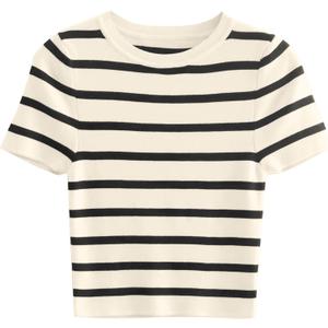 Avanova Women Striped Ribbed Knit Crop Tops Short Sleeve Basic Crew Neck Tee Shirts Brown Black Large