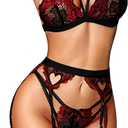 RSLOVE Women Lingerie Sets with Garter Belt 3 Piece Lace Teddy Babydoll Bodysuit (Medium, Black & Red)