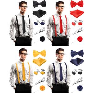 Chicingyou 28 Pcs Men Necktie Set Men Wedding Suit Accessories with Suspenders Bow Tie Handkerchief Cufflink Pin 4 Colors for Party