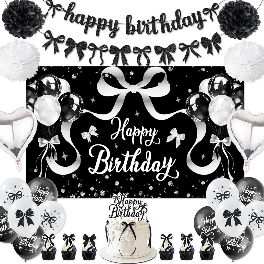 Roetyce Black Bow Birthday Decorations, Happy Birthday Banner Balloons Hanging Swirls Cake Topper Kit, Bow Tie Themed Party Photo Background Backdrop for Women Girls, Back drop only