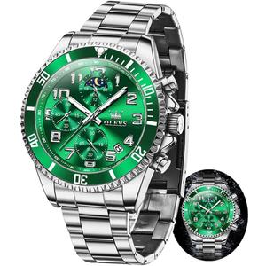 OLEVS Mens Watches Chronograph Watch Luxury Dress Stainless Steel Waterproof Watches for Men Moon Phase Luminous Business Calendar Wrist Watch Blue/Black/Green/Gold/Face (2926 Silver Green)
