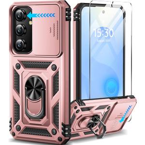 Taisairu for Samsung Galaxy S24/Samsung Galaxy S25 Case with Screen Protector & Slide Camera Lens Cover, Built-in Ring Stand Protective Phone Case for Samsung S25 Case/Samsung S24 Case (Rose Gold)