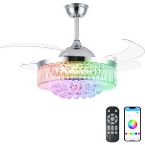 LINSHRY 42 Inch Crystal Chandelier Ceiling Fan with Lights and Remote, 6 Speed Retractable Blades Fandelier Ceiling Fans with RGB Light, Modern Dimmable LED Fandelier for Bedroom Living Room (Chrome)