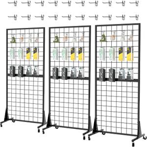 3-Pack 2'x5.5' Ft Gridwall Panel Display Stands Heavy Duty Floor Standing Retail Display Rack with Triangle Base for Retail Art Show With 20 Hooks