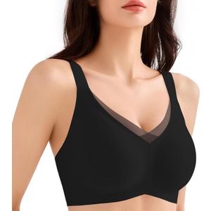 Seamless Bras for Women Wirefree, V Mesh Comfortable Bralette No Underwire Push Up Everyday Bras Wireless T-Shirt Bra (Medium, Black)