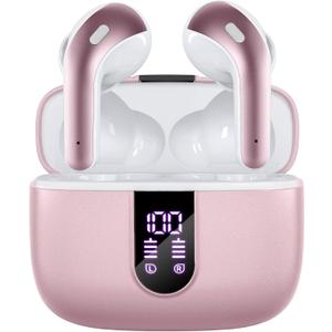 TAGRY Bluetooth Headphones True Wireless Earbuds 60H Playback LED Power Display Earphones with Wireless Charging Case IPX5 Waterproof in-Ear Ear buds with Mic for TV Smart Phone Laptop Computer Sports (Pink)