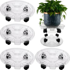 KvyusFlourish 4 Packs 13 Inches Large Clear Plant Caddy Plant Saucers on Wheels Rolling Plant Stands Heavyduty Plant Dolly Plastic Planter Roller Base Pot Movers Outdoor Plant Tray Coaster