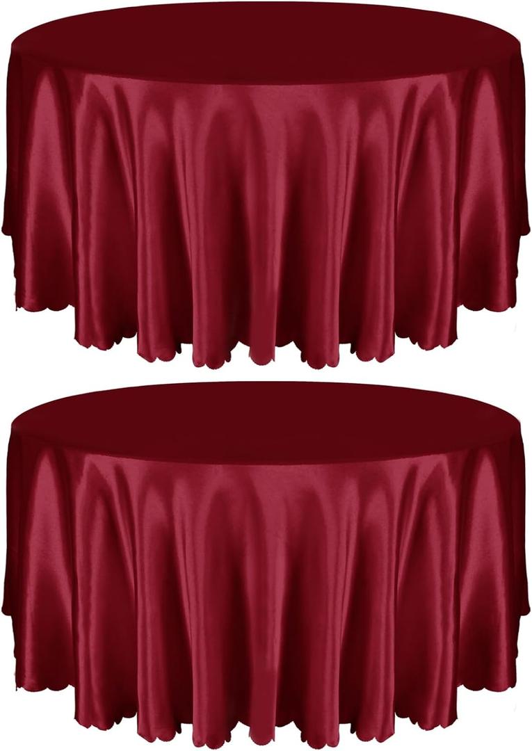 Entisn 2 Pack 108 Inch / 9ft Round Tablecloth, Burgundy Satin Table Cover for 8-10 Seats, Wrinkle Resistant and Washable Silky Table Cloths for Wedding Party Banquet Events Decoration