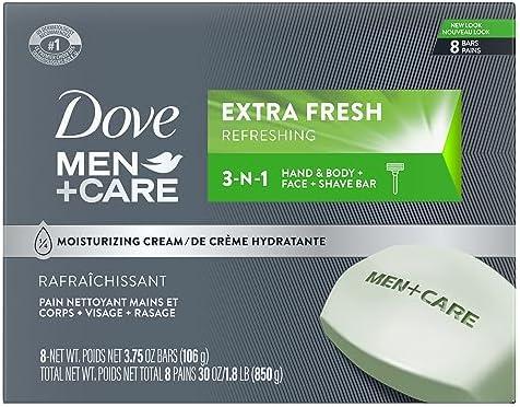 DOVE MEN + CARE 3 in 1 Bar Cleanser for Body, Face, and Shaving Extra Fresh Body and Facial Cleanser More Moisturizing Than Bar Soap to Clean and Hydrate Skin 3.75 Ounce (Pack of 7)