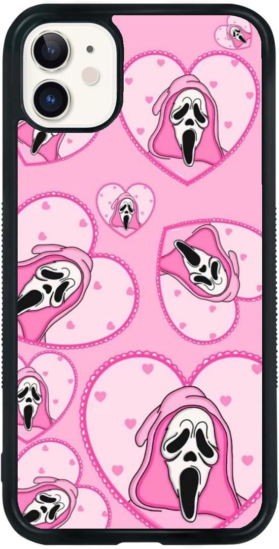 Cute Skull Skeleton Black Border Case Compatible with iPhone 14, Horror Unique Pink Halloween Ghost Pattern Design Case for Teens Men and Women