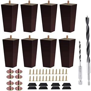 Txcucc Sofa Legs Square Bed Feet 5 inch Wood Replacement Leg for Furniture Set of 8, Dark Brown…