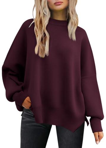 LILLUSORY Oversized Sweaters for Women 2025 Fall Fashion Outfits Trendy Crewneck Knit Cute Lightweight Sweater Pullover Tops Long Sleeve Shirts Winter Clothes WineRed L