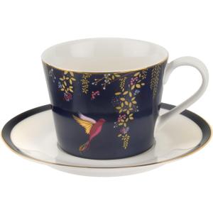 Portmeirion Sara Miller London Chelsea Teacup and Saucer, Navy | 8 Oz Cup for Drinking Tea and Coffee | Made from Fine China with Gold Detail | Handwash Only