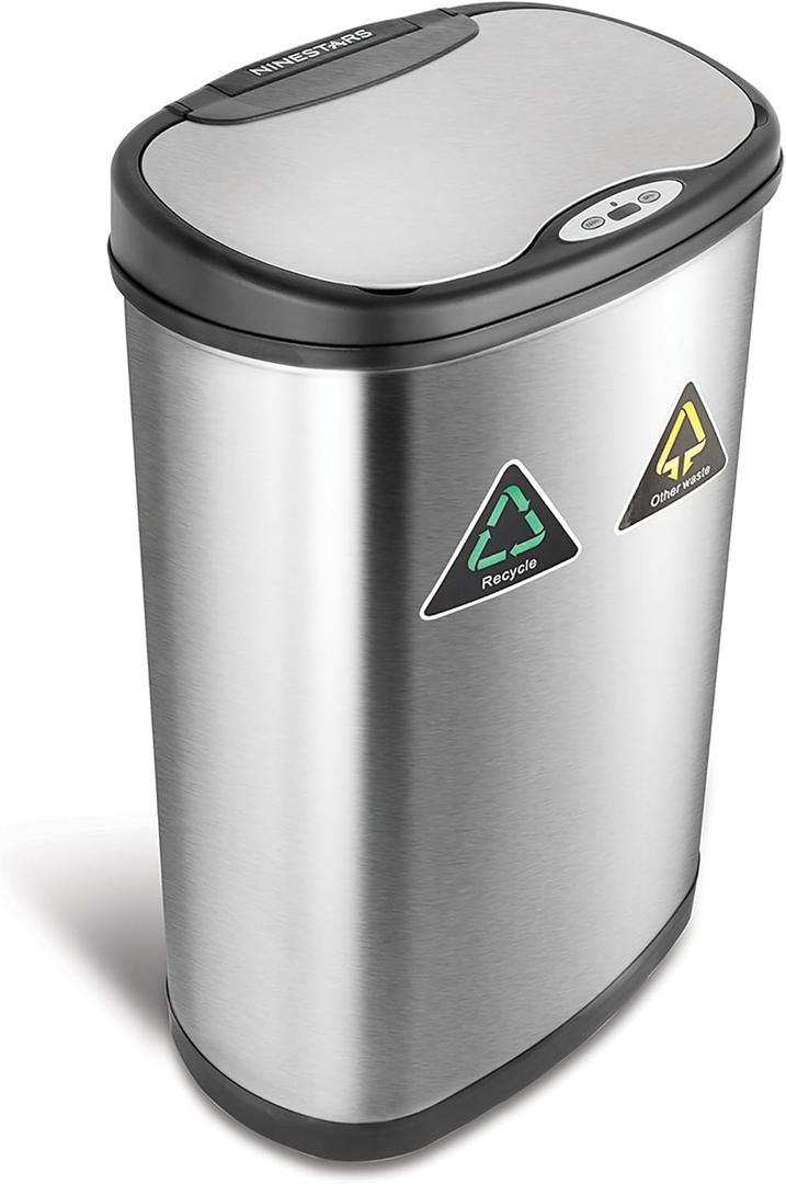 NINESTARS DZT-50-13R Automatic Touchless Infrared Motion Sensor Trash Can/Recycler, 13 Gal 50L, Stainless Steel Base (Oval, Black/Silver Lid)