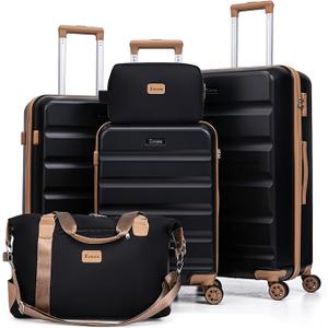 5-Piece Luggage Set, Rolling Suitcases, ABS Hardside Suitcase with TSA Lock Spinner Wheels, Carry-On Luggage Set (20/24/28 Inch), Black -, 5 PIECES, Fashion Luggage