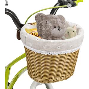 CXWXC Kids Bike Basket - Front Bicycle Bike Basket for Girls - Handmade Woven Wicker Bike Baskets with Liner Detachable, Adjustable PU Straps