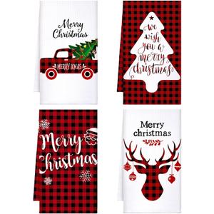 Honoson Christmas Kitchen Towels Ultra Absorbent Dish Quick to Drying Buffalo Plaid Hand Towel Polyester Cleaning Tea Towels for Home Washing Drying Dishes Kitchen Supplies(Black, Red,Plaid)