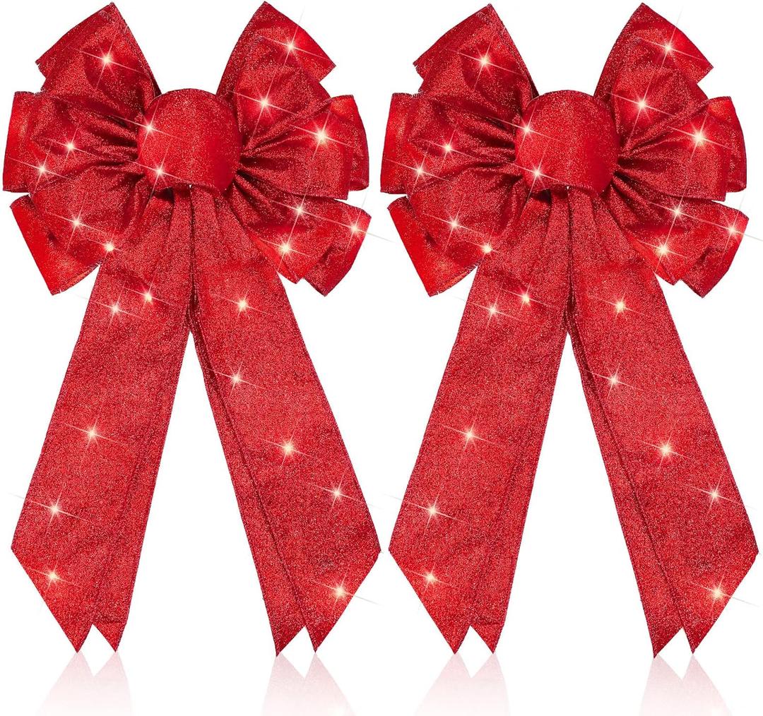 Giegxin 2 Pcs Large Red Lighted Christmas Bows with Lights for Wreath and Tree Topper, 18x F10 Inch Pre Lit Red Wreath Bow Light up for Christmas Decorations for Front Door Windows Outdoor Indoor
