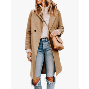 Women's Notch Lapel Double Breasted Wool Blend Mid Long Pea Trench Coat, Beige, S