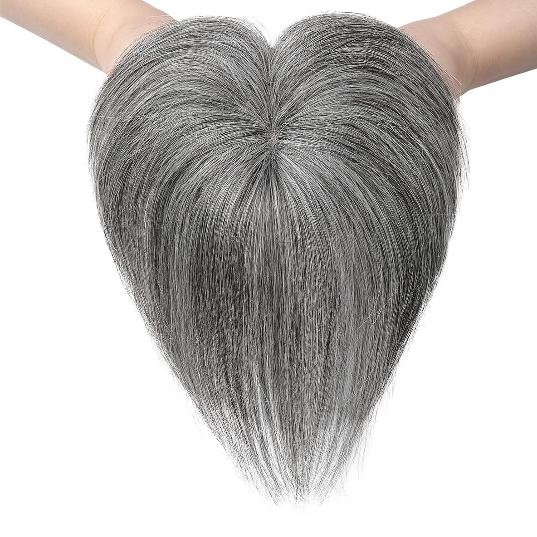REECHO Clip-In Toppers, 6 Inch for Thin Hair, Real Human Hair with Bangs - Grey/Black Mixed