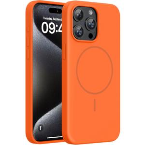Miracase Magnetic for iPhone 15 Pro Max Case, [Soft Anti-Scratch Microfiber Lining], Compatible with MagSafe, Liquid Silicone Case Shockproof Drop Protection Phone Case for 15 ProMax, Orange