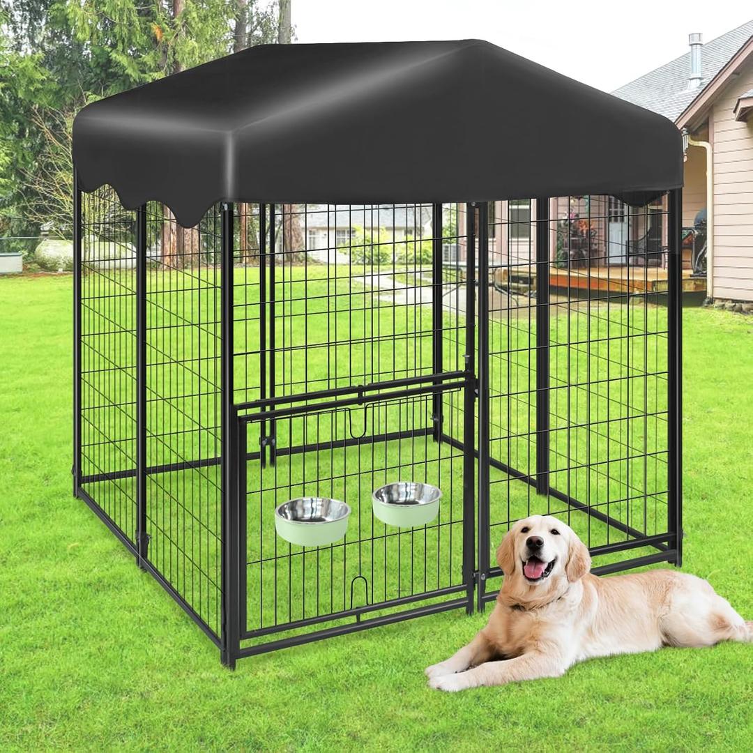 Dog Kennel Outdoor 4x4.2x4.5ft, Outside Dog Kennel with Roof, Large Dog Kennels with Rotating Door & 2 Adjustable Bowls, Pet Enclosures Crate Cage for Small/Medium Dogs, Size: 4.2'x4'x4.5'