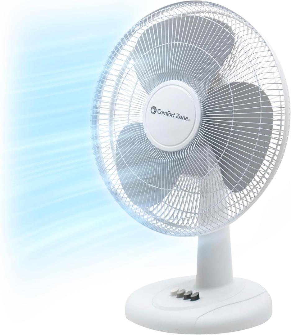 Comfort Zone 12" Table Fan with Adjustable Tilt, Wide Area Oscillation, Quiet Air Circulator Fan For Bedroom, 3 Speed Desktop Fan for Home Office, Push Button Controls, White