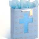 Sawnfay Blue Gift Bag - 10" x 5" x 13", with Cross Cut Window & Tissue Paper, Perfect for Baptism, First Communion, Confirmation, Christening & Religious Events for Boys & Teens