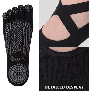 Ozaiic Yoga Socks for Women with Grips, Non-Slip Five Toe Socks for Pilates, Barre, Ballet, Fitness (One Size)