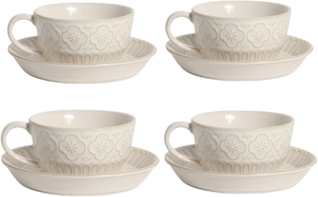 LOWYEPAULHO Cappuccino Cups with Saucers, 5''Ceramic Coffee Cup and Saucer set for Au Lait, Double shot, Latte, Cafe Mocha,Set of 4