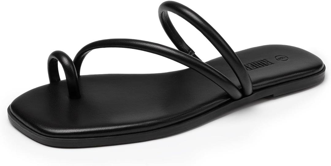 Rihero Women's Slide Sandals Comfortable Square Toe Beach Slip On Strappy Thong Flat Sandals, Size 10